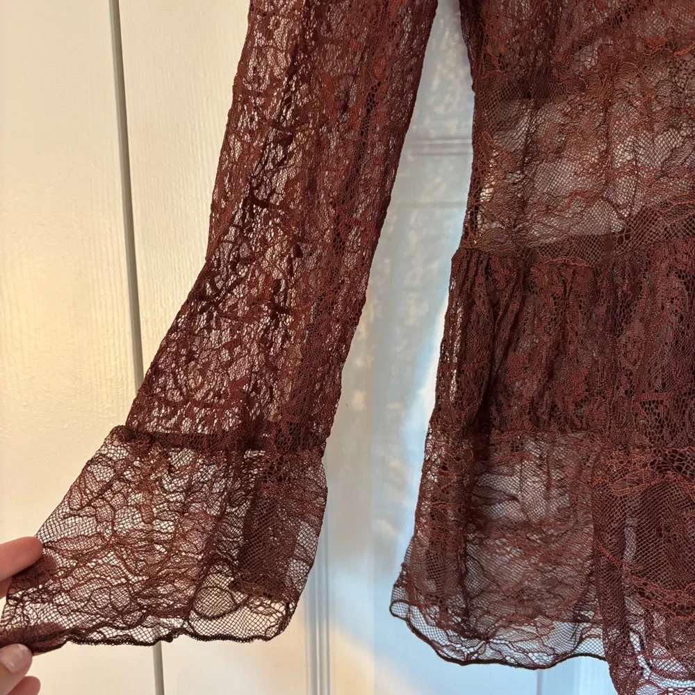 American Eagle Outfitters Brown Lace Longsleeve Top Boho Festival Concert XS - Picture 4 of 5
